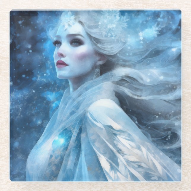 Ethereal Frozen Snow Queen Fantasy Art Glass Coaster (Front)