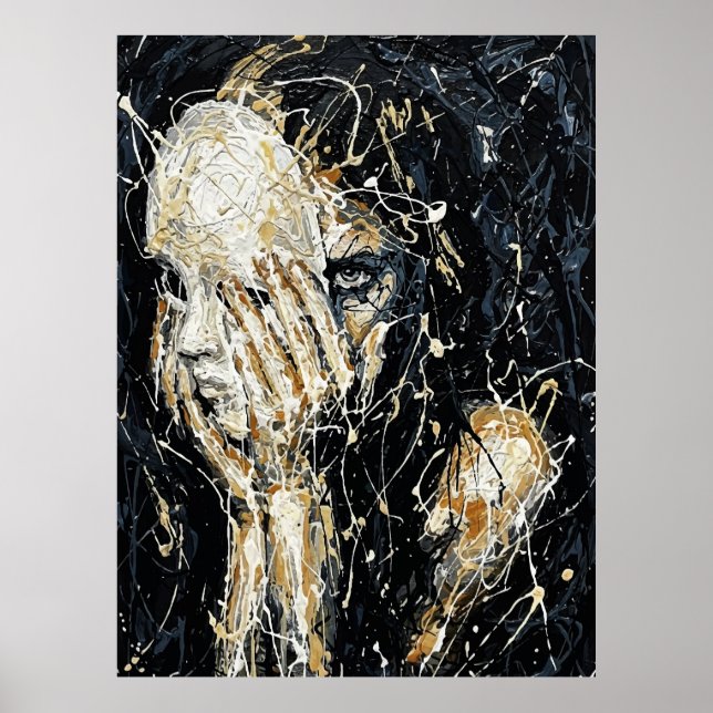Ethereal Ghostly Face Abstract Dripping Art Black  Poster (Front)