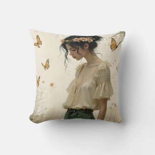 Ethereal Girl with Butterflies in Nature Cushion