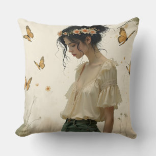 Ethereal Girl with Butterflies in Nature Cushion