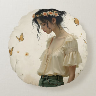 Ethereal Girl with Butterflies in Nature Round Cushion