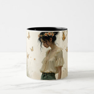 Ethereal Girl with Butterflies in Nature Two-Tone Coffee Mug