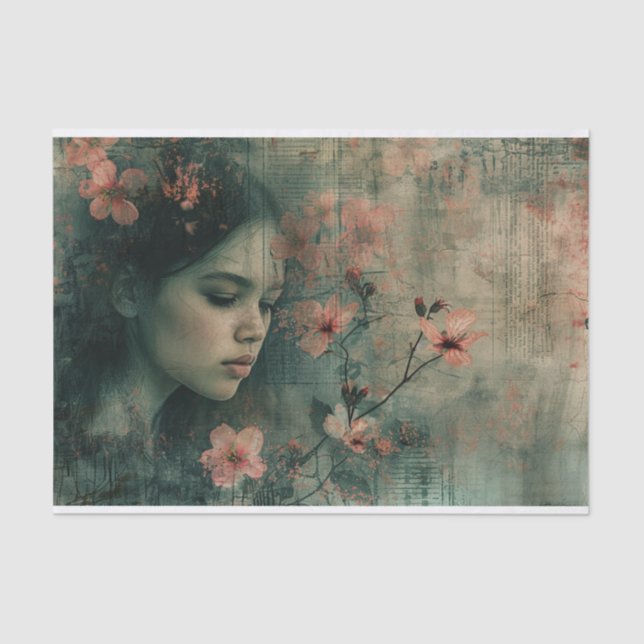 Ethereal Girl with Flowers in a Grunge Look Tissue Paper (Front)