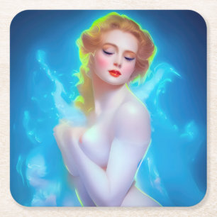 Ethereal Goddess Portrait – Surreal Fantasy Square Paper Coaster