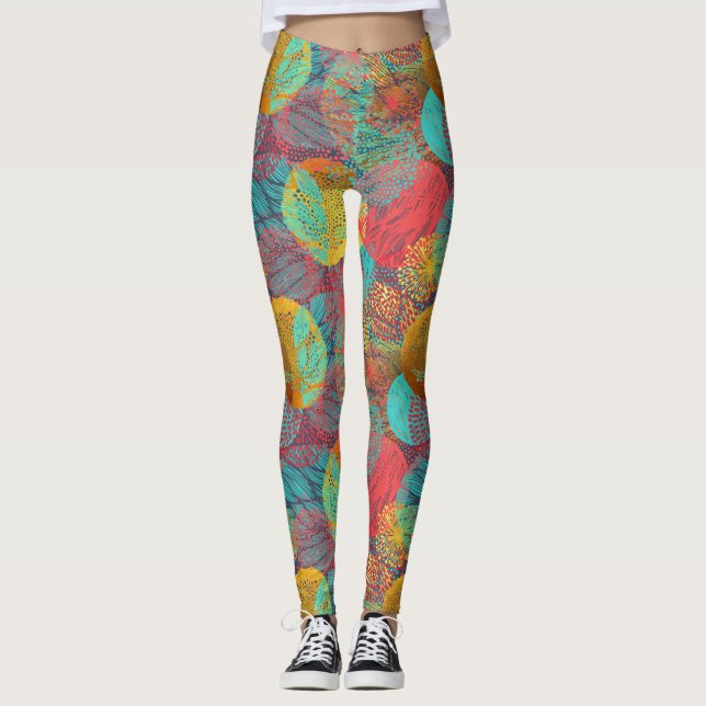 Ethereal Golden Blossoms - Seamless Floral Harmony Leggings (Front)