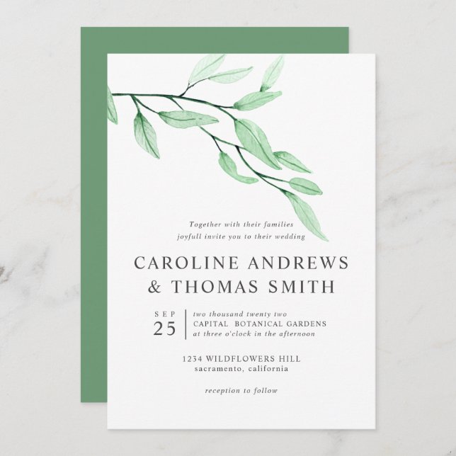 Ethereal Green | Chic Botanical Leaves wedding Invitation (Front/Back)