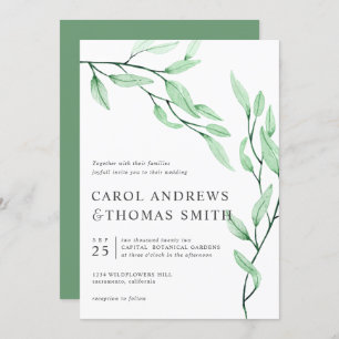 Ethereal Green   Vertical Botanical Leaves wedding Invitation