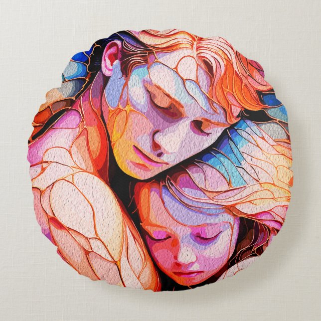 Ethereal Guardian Embrace – Fantasy Stained Glass  Round Cushion (Front)