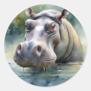 Ethereal Hippo Watercolor Classic Round Sticker