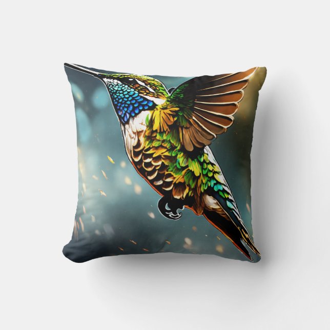 Ethereal Hummingbird: Fire & Ice Splatter Vision Cushion (Front)