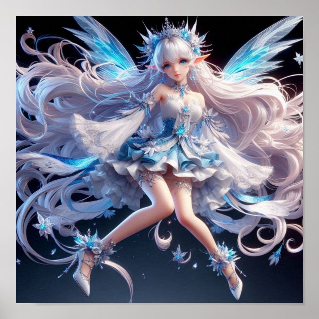 Ethereal Ice Queen Fairy with Flowing White Hair Poster (Front)