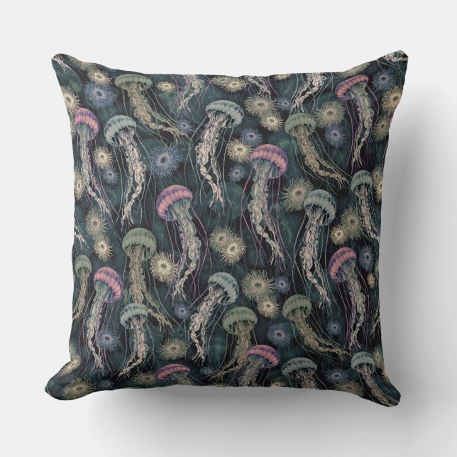 Ethereal Jellyfish and Anemones in Teal and Pink Cushion (Front)