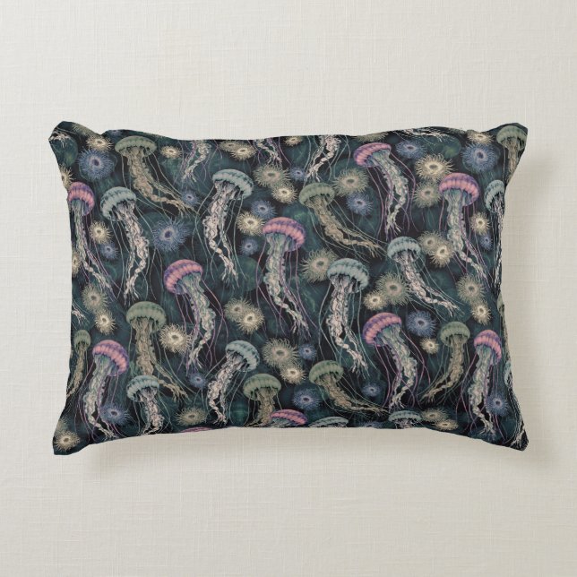 Ethereal Jellyfish and Anemones in Teal and Pink Decorative Cushion (Front)