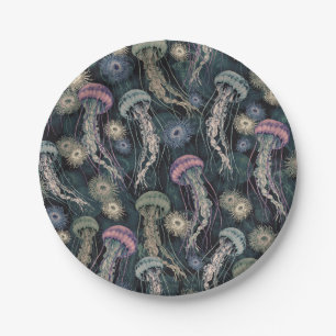 Ethereal Jellyfish and Anemones in Teal and Pink Paper Plate
