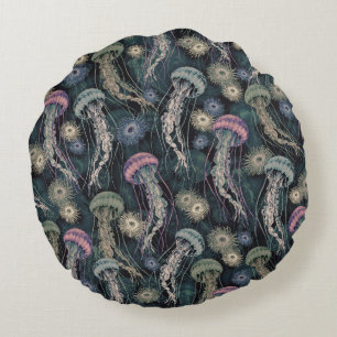 Ethereal Jellyfish and Anemones in Teal and Pink Round Cushion
