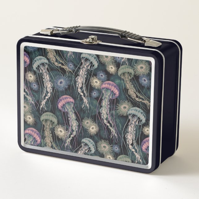 Ethereal Jellyfish and Anemones in Teal & Pink Metal Lunch Box (Front)