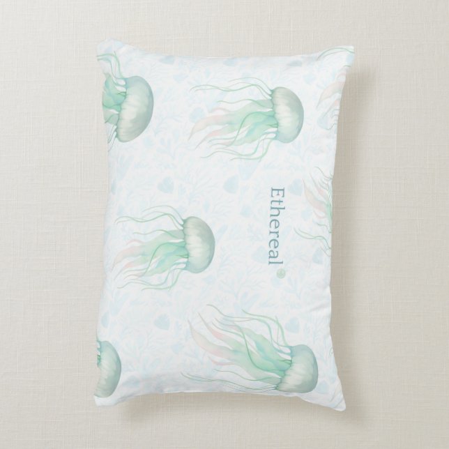 Ethereal jellyfish throw pillow teal (Back(Vertical))