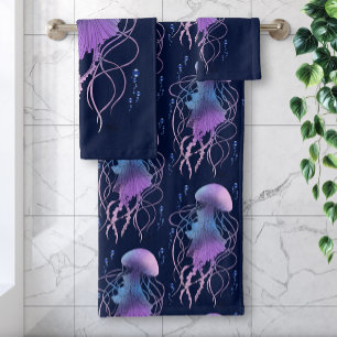 Ethereal Jellyfish Violet Blue Bath Towel Set