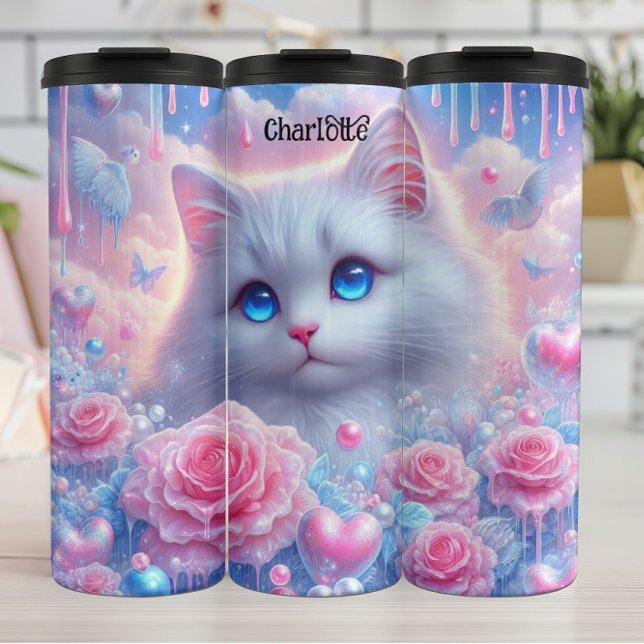 Ethereal Kitty: Roses, Dreams, Blue Eyes Thermal Tumbler (Creator Uploaded)