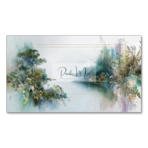 Ethereal Lake Landscape Botanical Gold Frame Magnetic Business Card