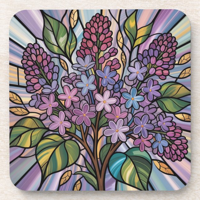 Ethereal Lilacs Stained Glass Plastic Coaster Set (Front)