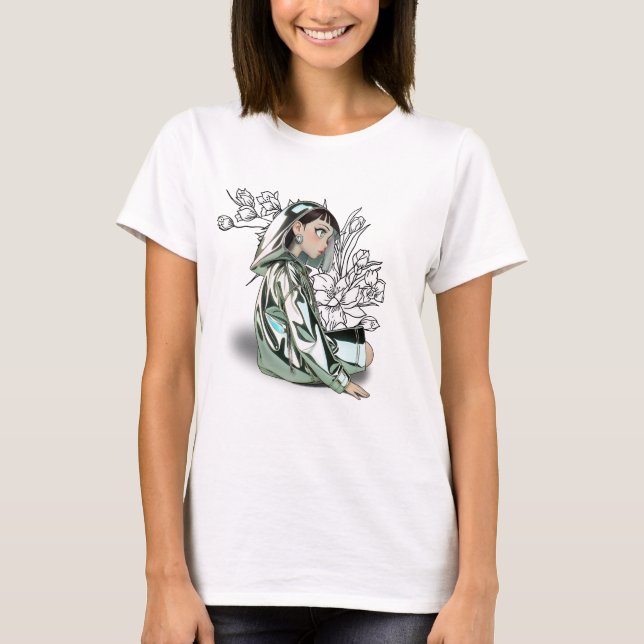 Ethereal Manga Girl in Silver Raincoat T-Shirt (Front)