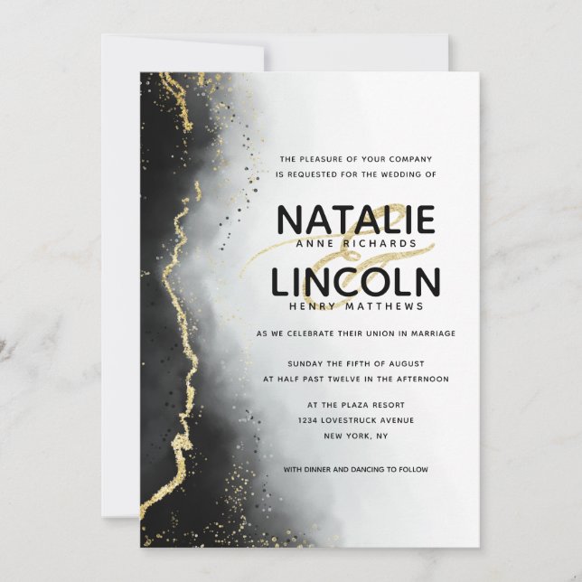 Ethereal Mist Ombre Black Gold Foil Modern Wedding Invitation (Front)