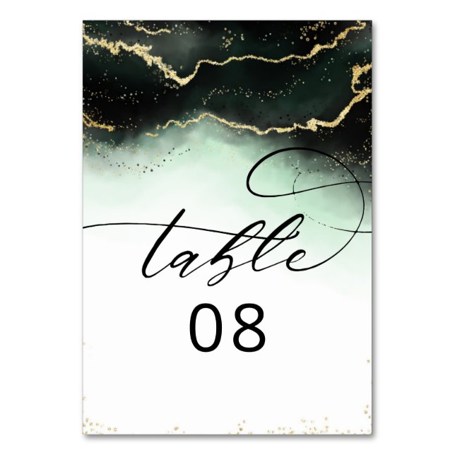 Ethereal Mist Ombre Emerald Green Gilded Wedding Table Number (Front)