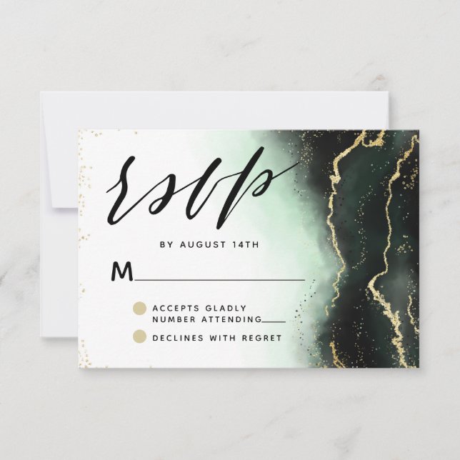 Ethereal Mist Ombre Emerald Green Moody Wedding RSVP Card (Front)