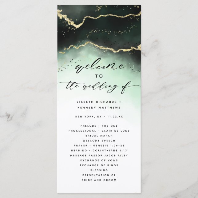 Ethereal Mist Ombre Emerald Green Wedding Ceremony Program (Front)
