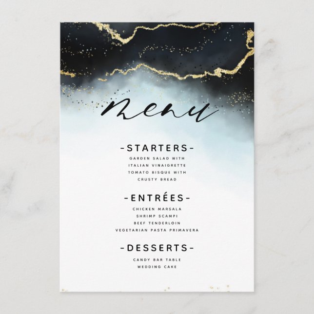 Ethereal Mist Ombre Navy Blue Moody Gilded Dinner Menu (Front)