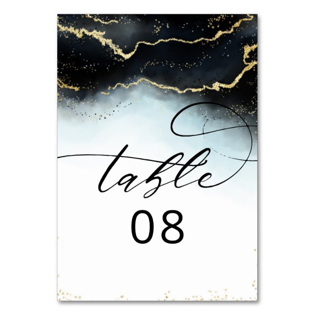 Ethereal Mist Ombre Navy Blue Moody Gilded Wedding Table Number (Front)