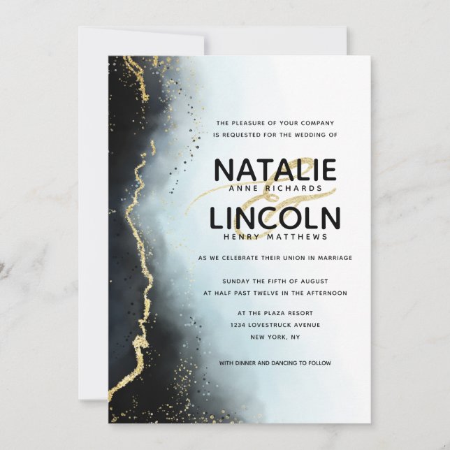 Ethereal Mist Ombre Navy Gold Foil Modern Wedding Invitation (Front)