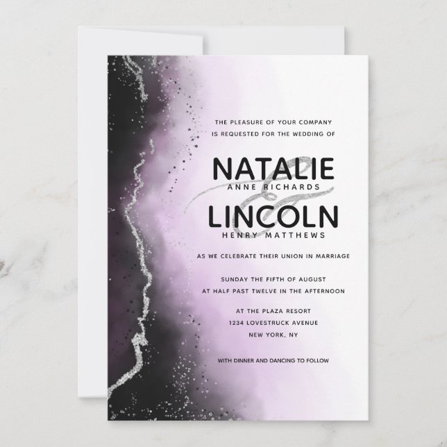 Ethereal Mist Ombre Purple Silver Modern Wedding Invitation (Front)