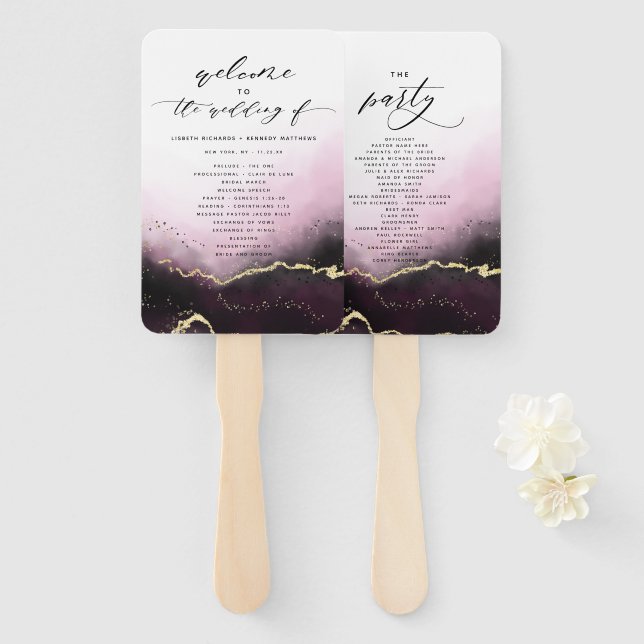 Ethereal Mist Ombre Wine Wedding Ceremony Program Hand Fan (Front and Back)