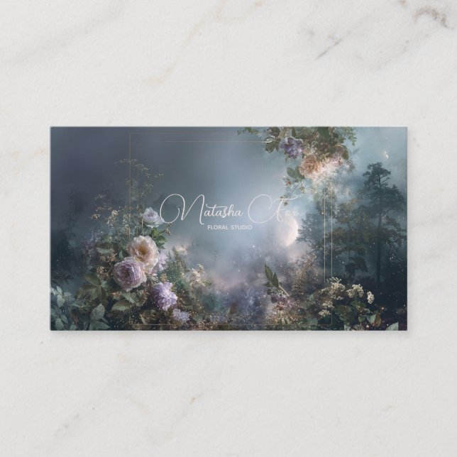Ethereal Misty Forest Rose Floral Gold Frame Business Card (Front)