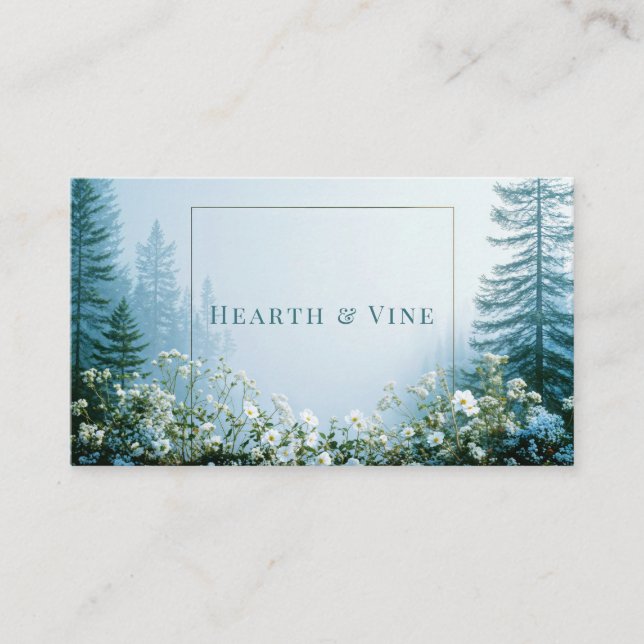 Ethereal Misty Forest White Wildflower Gold Frame Business Card (Front)