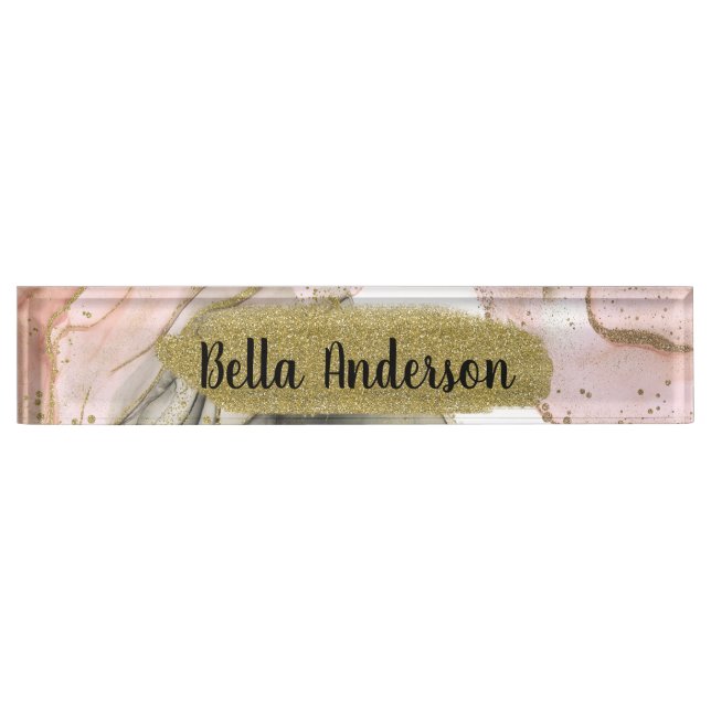 Ethereal Moody Pink Black Gold Inky Glam Desk Name Nameplate (Front)