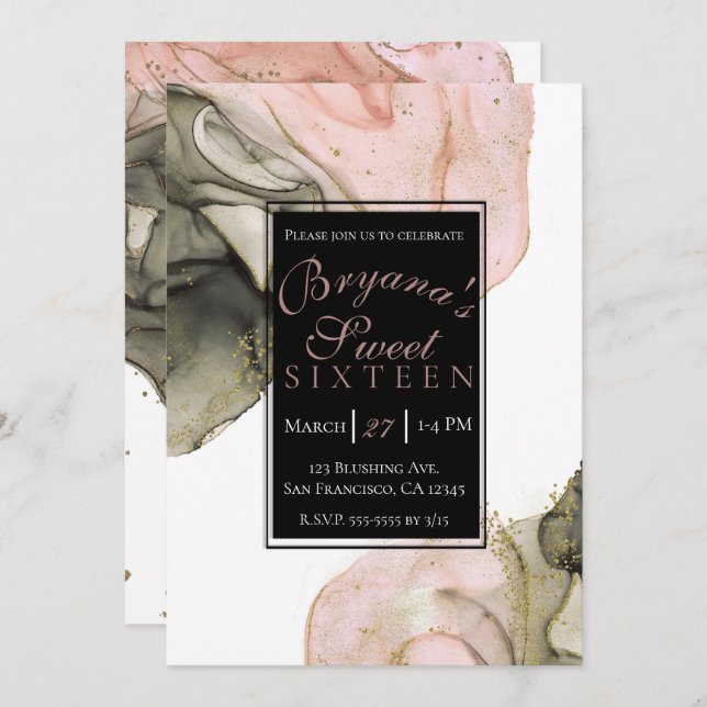Ethereal Moody Pink Black Gold Inky Glam Sweet 16 Invitation (Front/Back)