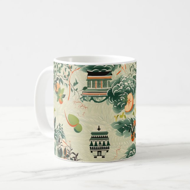 Ethereal orange pattern with Zen temples Coffee Mug (Front Left)
