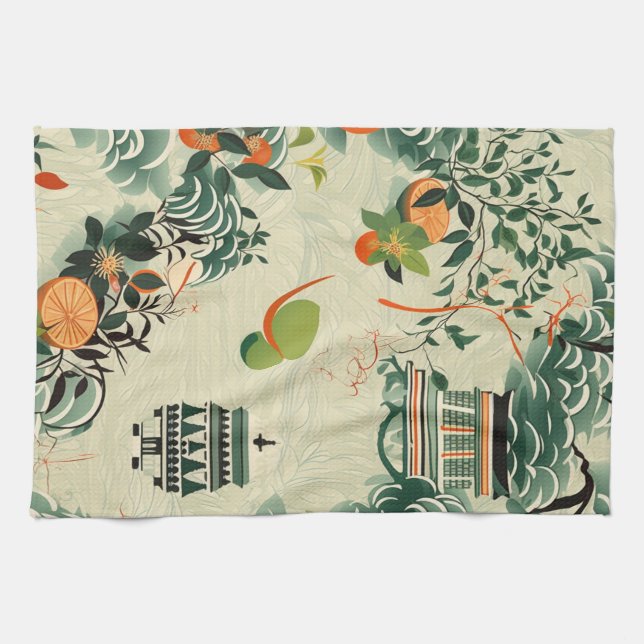 Ethereal orange pattern with Zen temples Tea Towel (Horizontal)