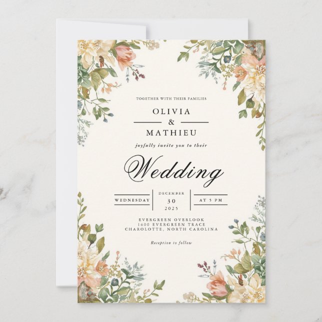 Ethereal Peach Blossom Border Wedding Invitation (Front)