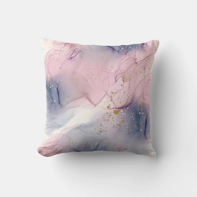 Ethereal Periwinkle Pink & Gold Inky Fantasy Glam Cushion (Front)