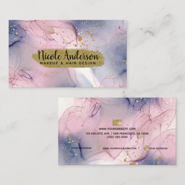 Ethereal Periwinkle Pink Gold Inky Fantasy Makeup Business Card (Front/Back)
