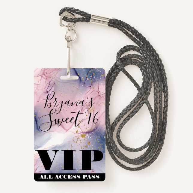 Ethereal Periwinkle Pink Gold Inky Fantasy VIP  ID Badge (Front with Lanyard)