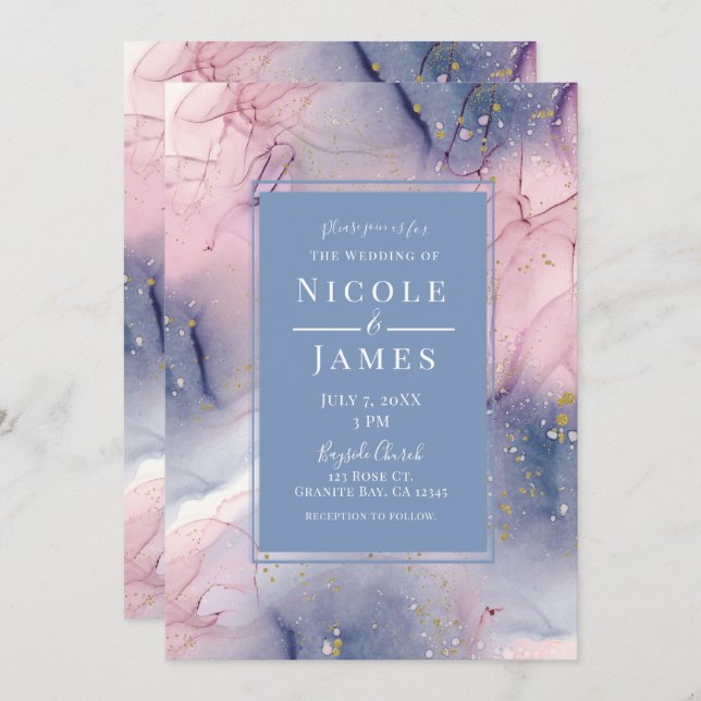 Ethereal Periwinkle Pink Gold Inky Fantasy Wedding Invitation (Front/Back)