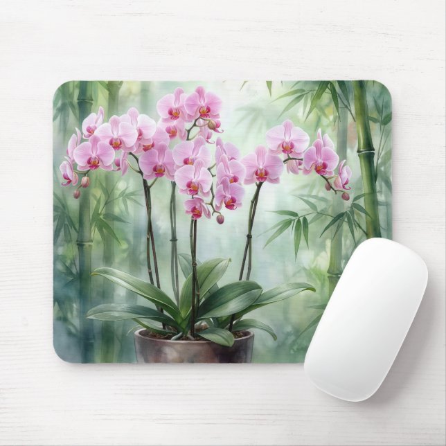 Ethereal Pink Orchids and Bamboo Mouse Pad (With Mouse)