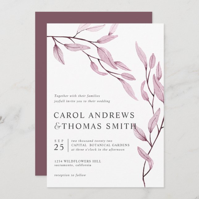 Ethereal Pink | Vertical  Botanical Leaves wedding Invitation (Front/Back)