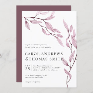 Ethereal Pink   Vertical  Botanical Leaves wedding Invitation