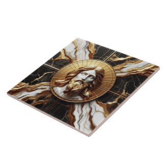 Ethereal Presence Face of Jesus Carved in Marble Ceramic Tile